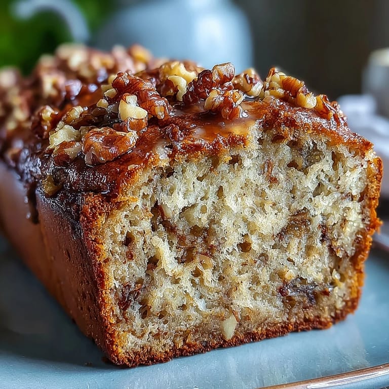 3. Warm slice of banana nut bread made with sourdough discard, topped with crisp brown sugar crust and toasted walnuts.