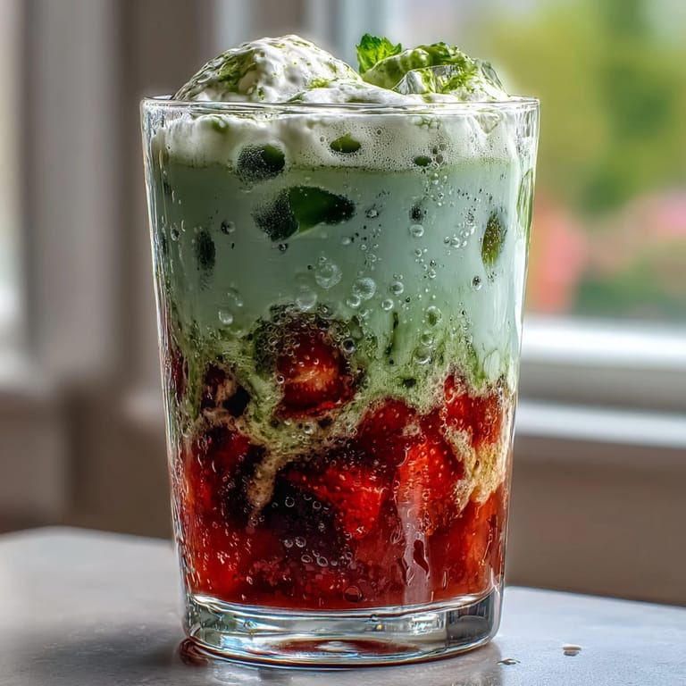 Refreshing iced strawberry matcha latte with vanilla sweet cream, featuring a beautiful layered effect of sweet strawberry syrup, earthy matcha, and rich cream, perfect for a summer afternoon treat.