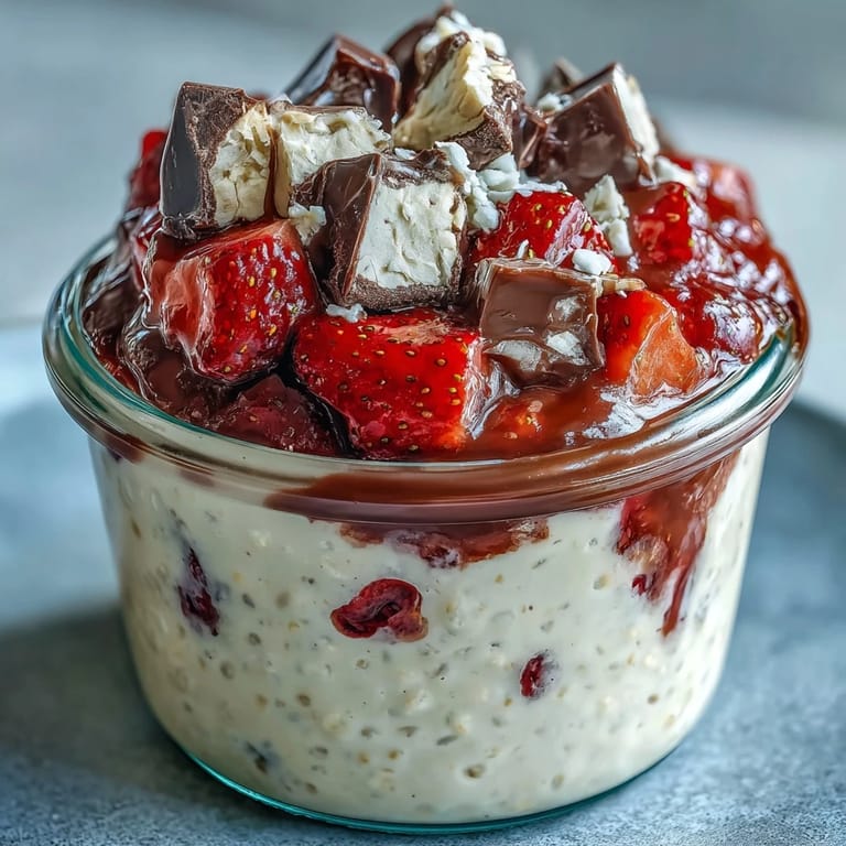 Layered Strawberry Chocolate Chunk Overnight Oats in a jar, perfect for a make-ahead breakfast or a satisfying dessert with fresh fruit.