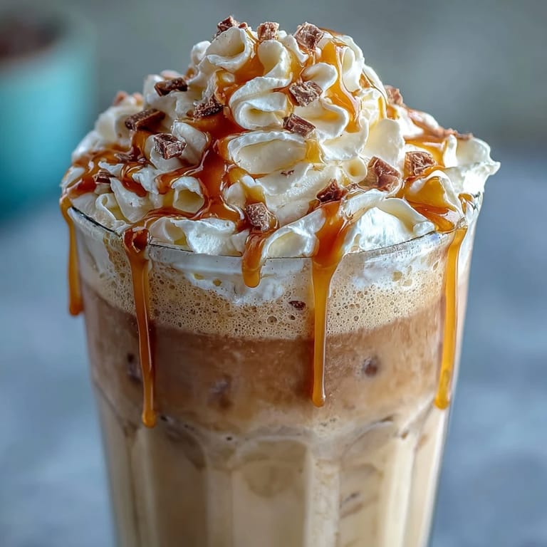 Cold vanilla bean frappuccino with smooth texture, topped with whipped cream and caramel drizzle.