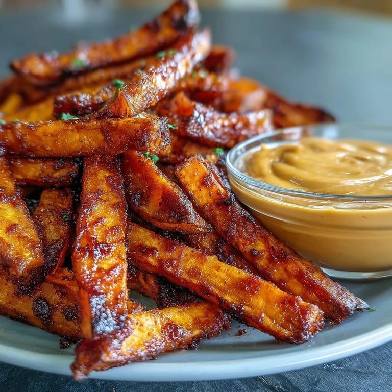 Hot, crunchy air fryer sweet potato fries seasoned with garlic and paprika, served with smooth garlic aioli.