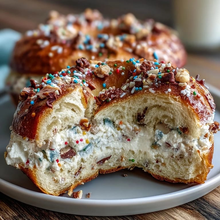 Soft, high-protein bagels topped with rainbow sprinkles, perfect for a festive breakfast or celebratory snack with a birthday cake flavor.