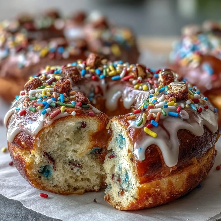 Chewy, protein-packed birthday cake bagels bursting with rainbow sprinkles, baked to golden perfection for a fun and nutritious treat.