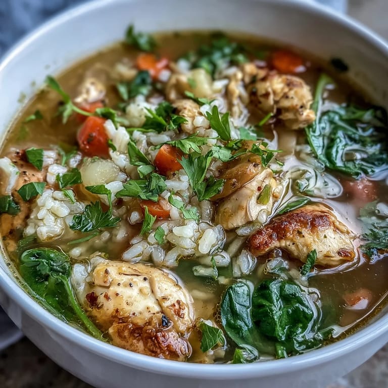 Comforting homemade chicken and rice soup with chunks of chicken, carrots, celery, and rice, garnished with fresh parsley for a nourishing meal.