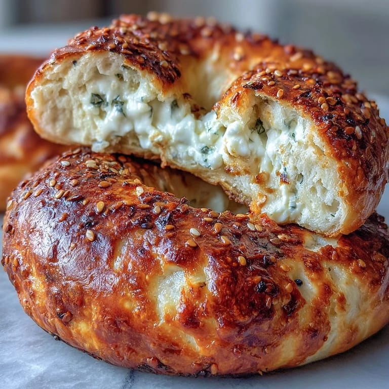 Soft, homemade cottage cheese protein bagels topped with everything bagel seasoning, ready for slicing and spreading with your favorite toppings.  
