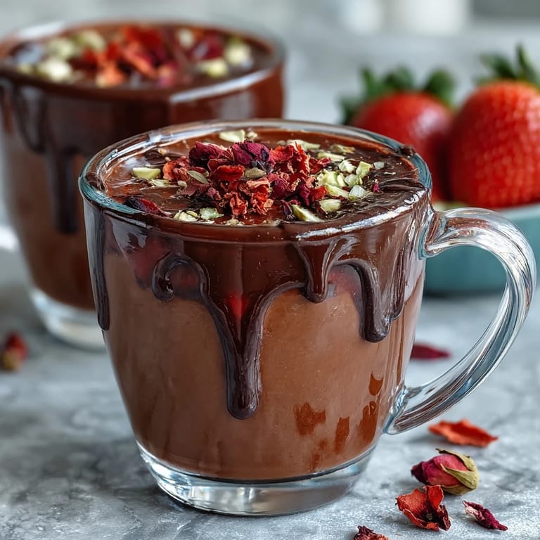 Decadent chocolate strawberry cups topped with crunchy pistachios and rosewater, perfect for a sophisticated dessert.