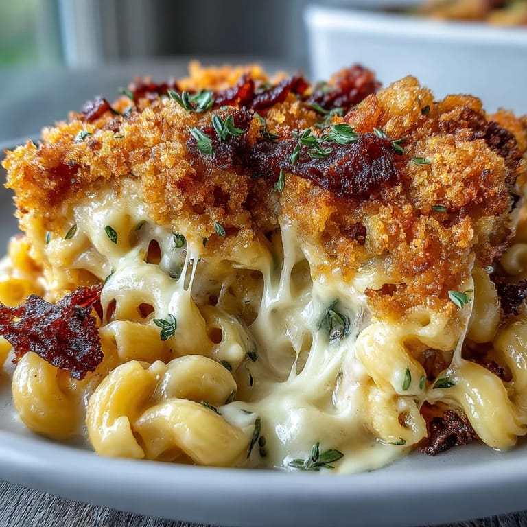 Creamy, three-cheese macaroni baked to perfection, crowned with a smoky, crunchy breadcrumb crust in this classic soul food mac and cheese.
