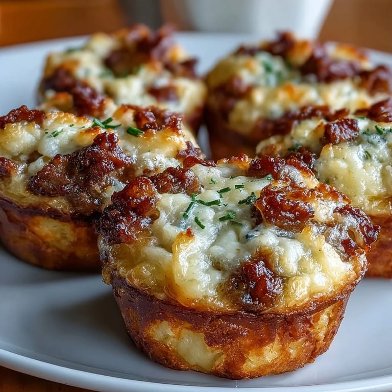 Individual shepherds pies in muffin tins, topped with creamy mashed potatoes and baked until crisp and golden brown.