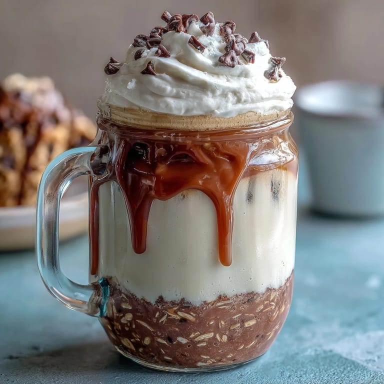 Vanilla Bean Frappuccino-inspired overnight oats, swirled with espresso and sweetened condensed milk, served chilled with a dollop of whipped cream and caramel drizzle.