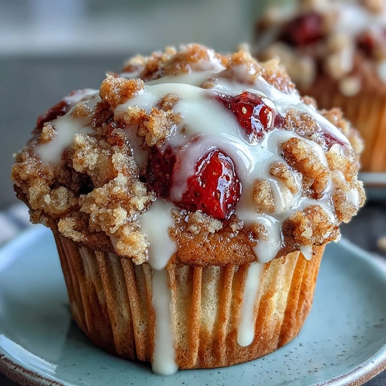 Fluffy muffins bursting with juicy strawberries and a crisp, golden crumble topping—ideal for brunch.
