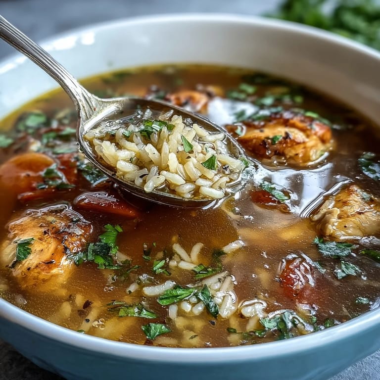 A hearty one-pot chicken and rice soup, loaded with juicy chicken, carrots, and celery, perfect for a comforting family dinner.