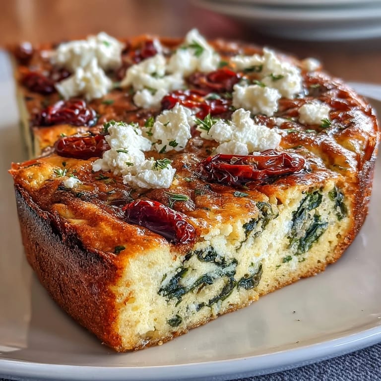 Oven-baked spinach and feta frittata with vibrant sun-dried tomatoes, golden on top and bursting with Mediterranean flavor.