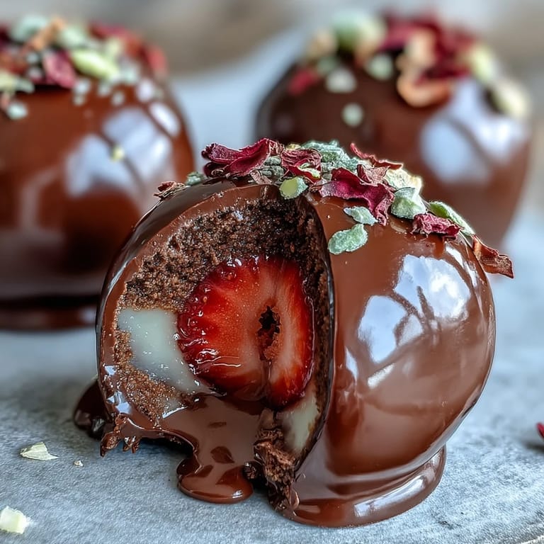 Bite into these luxurious strawberry truffles, where rosewater and cardamom meet a glossy dark chocolate coating for a Dubai-inspired treat.