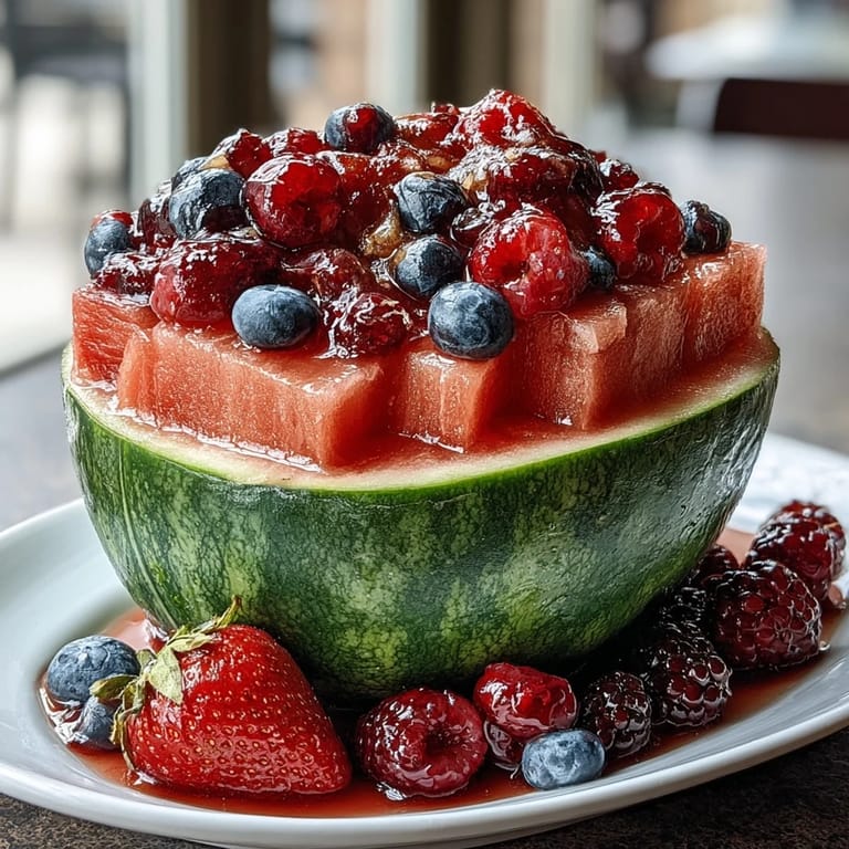 Elegant watermelon fruit platter with melon balls and assorted berries, perfect for healthy party appetizers.