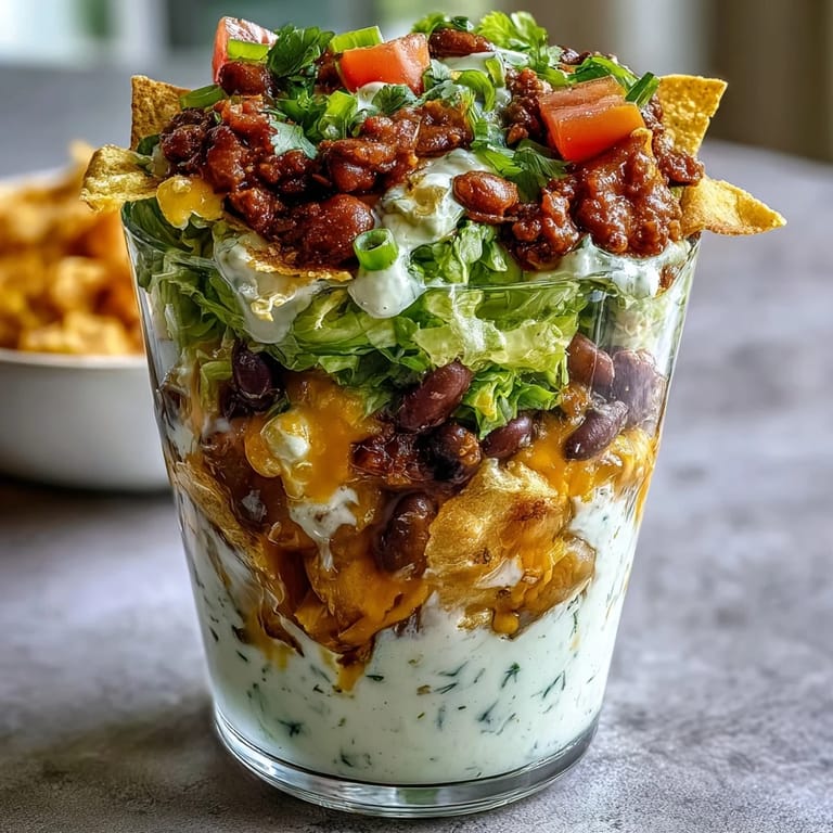 Crowd-pleasing Easy Taco Dip Cups offer handheld servings of classic taco dip flavors, topped with green onions and served with tortilla chips.