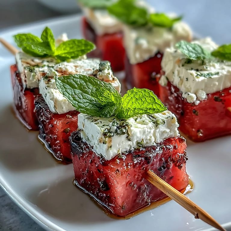 Refreshing watermelon feta mint skewers drizzled with olive oil and balsamic glaze for a Mediterranean appetizer.  