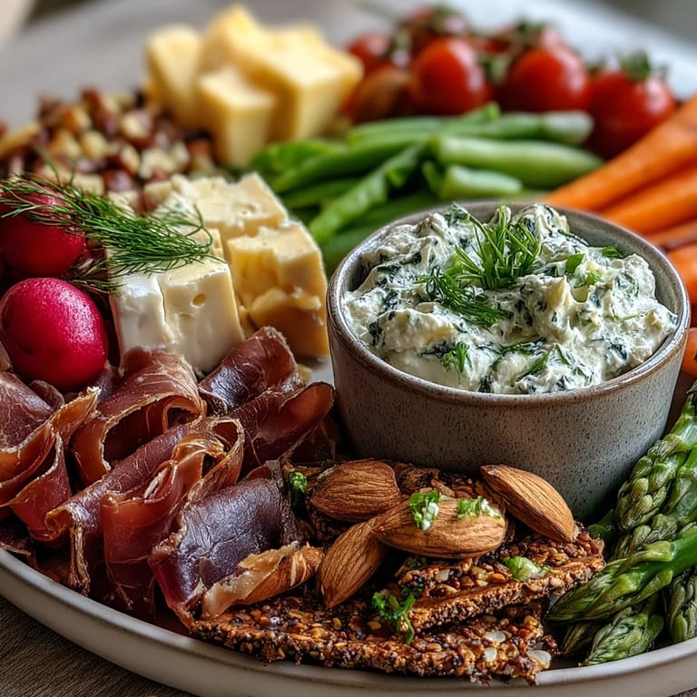 Fresh Spring Charcuterie Board featuring radishes, peas, and creamy herb dip, ideal for gatherings.  