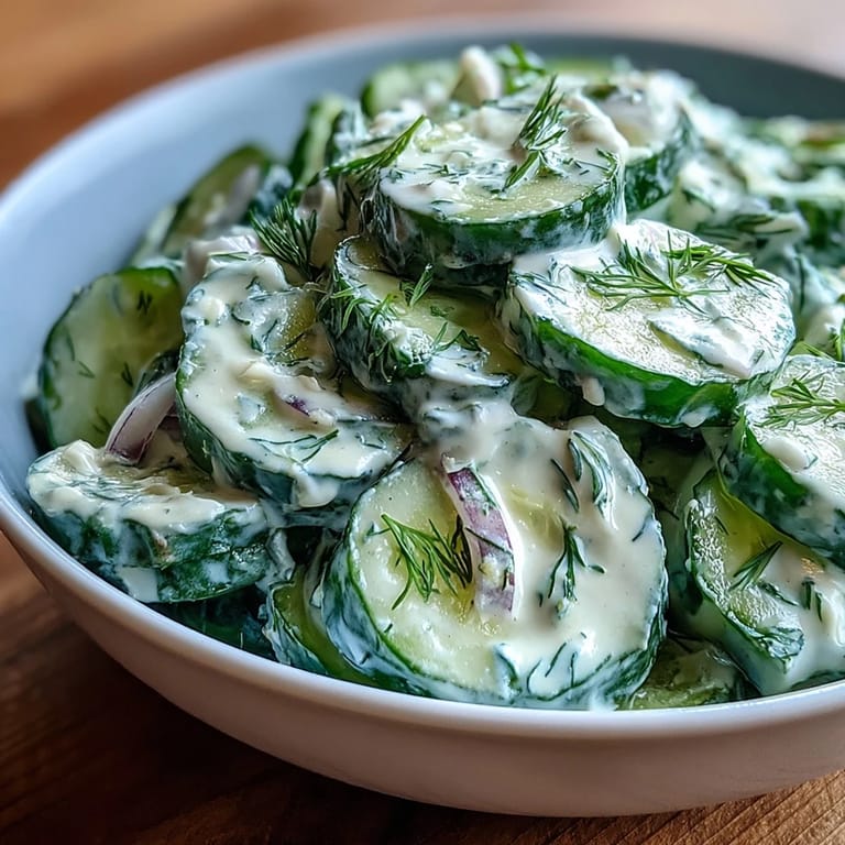 Fresh cucumbers and red onion tossed in creamy dill dressing, a cool and refreshing side for barbecues or potlucks.