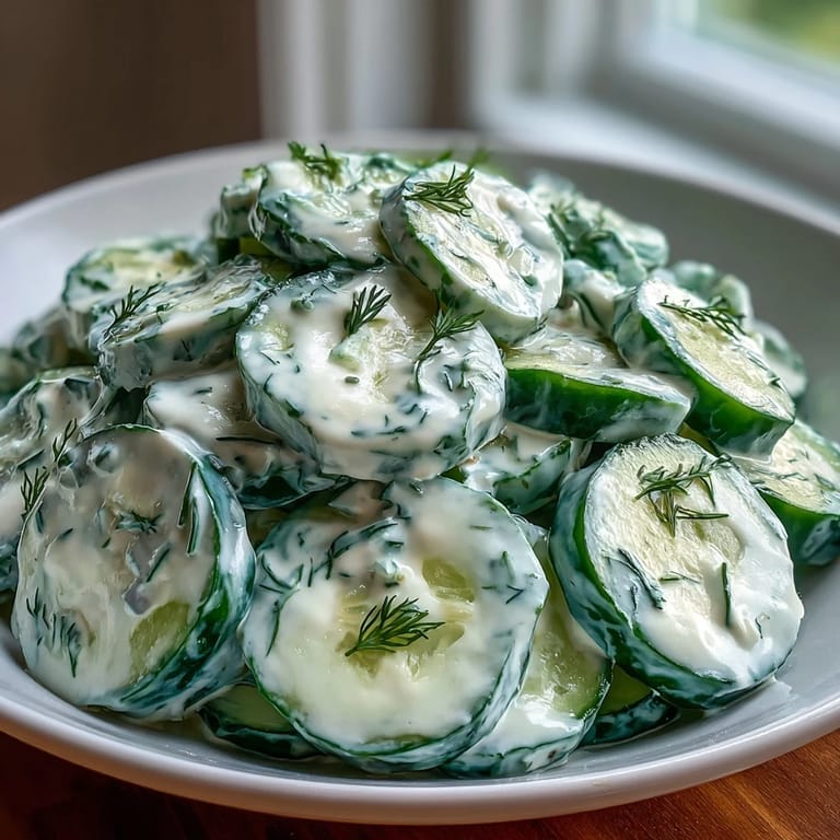 Crisp cucumber slices in creamy, herb-infused dill dressing, ideal for light lunches or as a vibrant summer side dish.