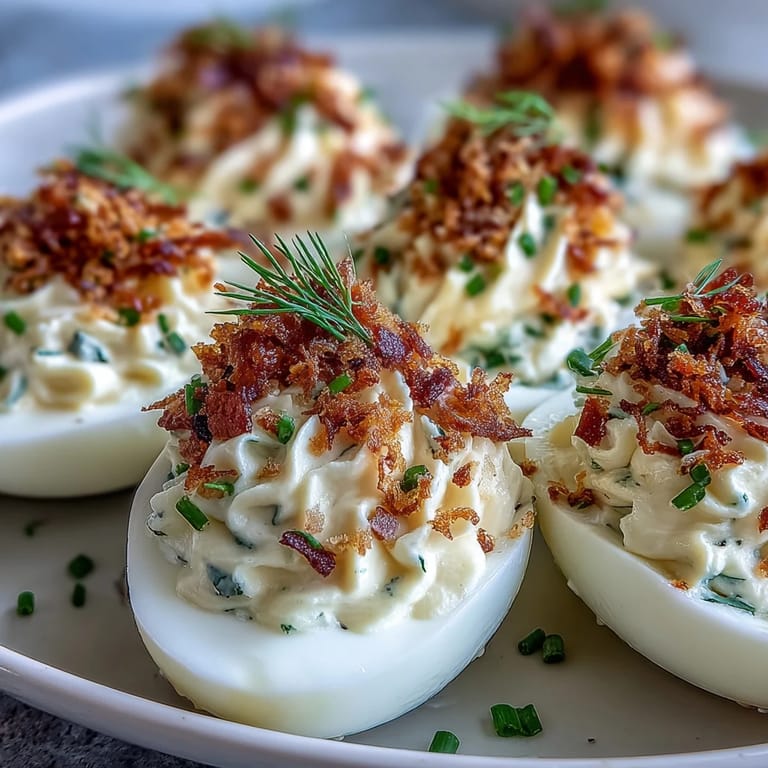 Smoked salmon deviled eggs garnished with everything seasoning, offering a savory and elegant appetizer option.
