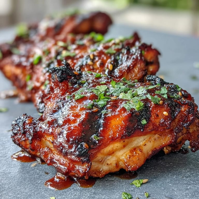 Spicy-sweet Honey Sriracha Grilled Chicken Thighs with charred edges, served on a rustic platter with lime wedges for a bold summer meal.  