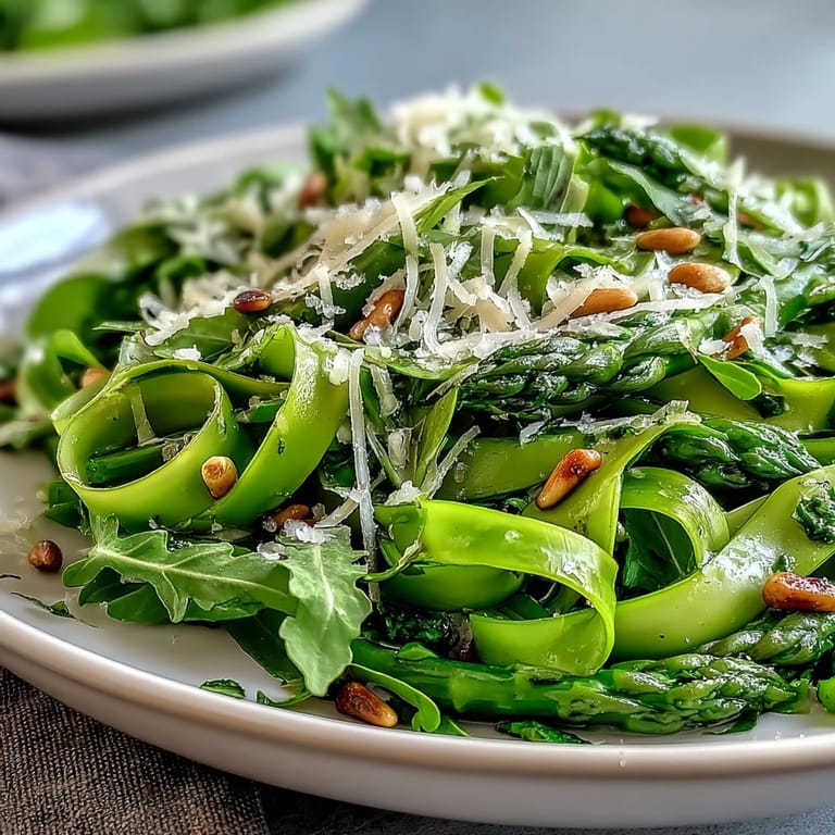 Crisp asparagus shavings are lightly dressed with lemon, olive oil, and Parmesan for a refreshing Mediterranean-inspired dish.
