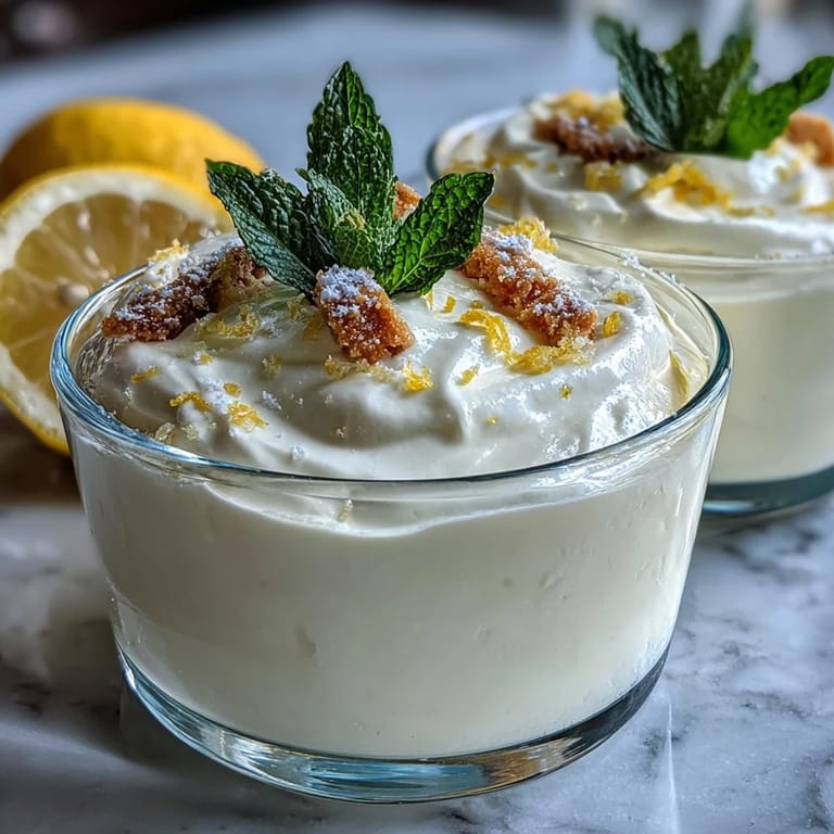 Elegant lemon mousse in individual cups, garnished with mint leaves and paired with crisp shortbread cookies for a perfect treat.  