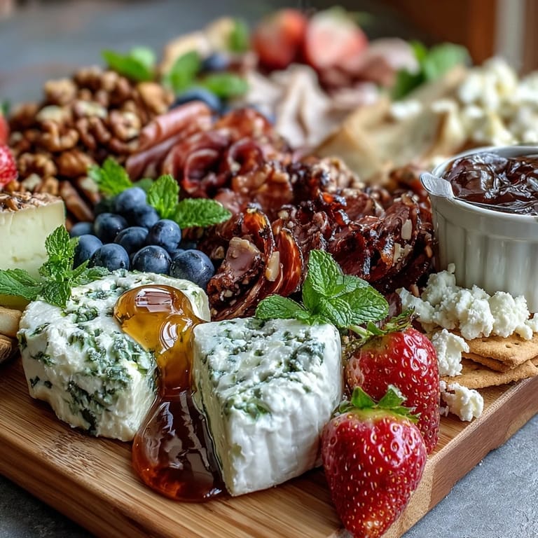 An inviting springtime charcuterie board piled high with colorful fruits and cheeses.