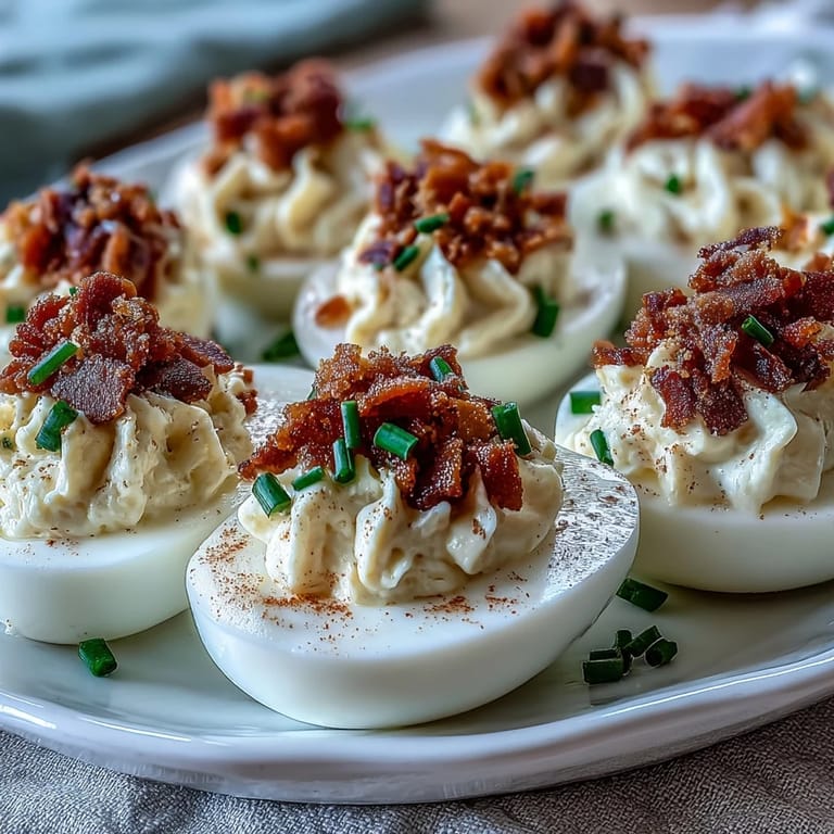 Savory deviled eggs topped with crumbled bacon and fresh chives, featuring a rich ranch-flavored yolk filling.