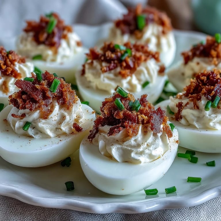 Festive platter of Bacon Ranch Deviled Eggs garnished with paprika and chives, ideal for holiday appetizers.