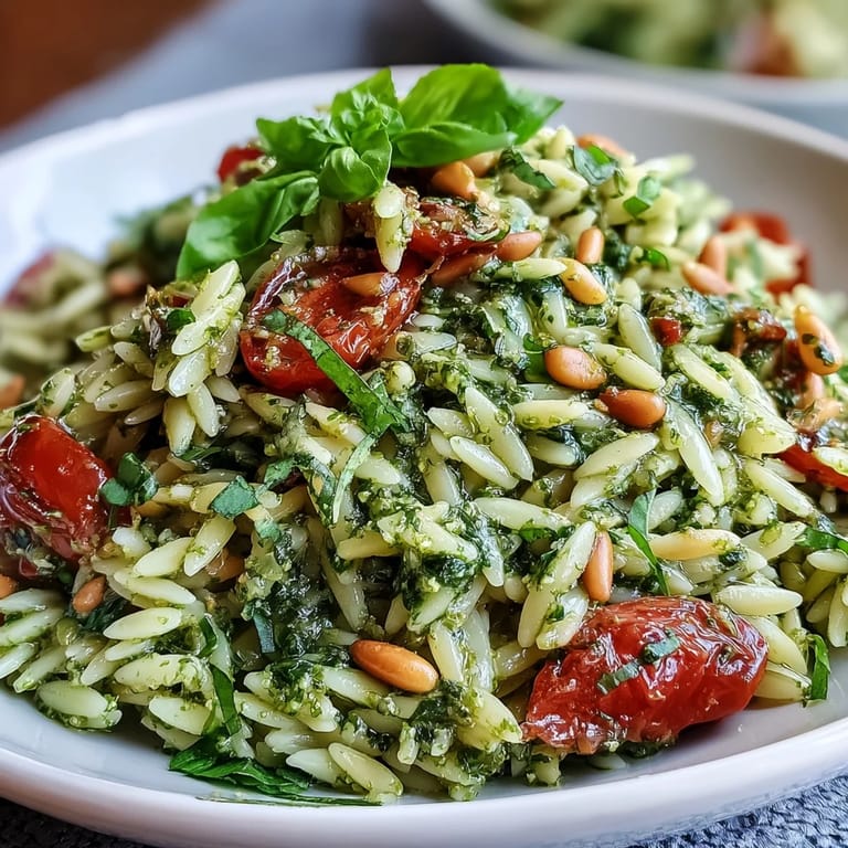 Vibrant orzo pasta salad tossed with pesto, cherry tomatoes, mozzarella balls, and torn basil leaves.