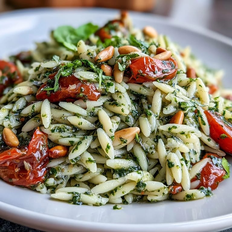 Refreshing cold orzo salad featuring creamy mozzarella, juicy cherry tomatoes, and homemade basil pesto dressing.