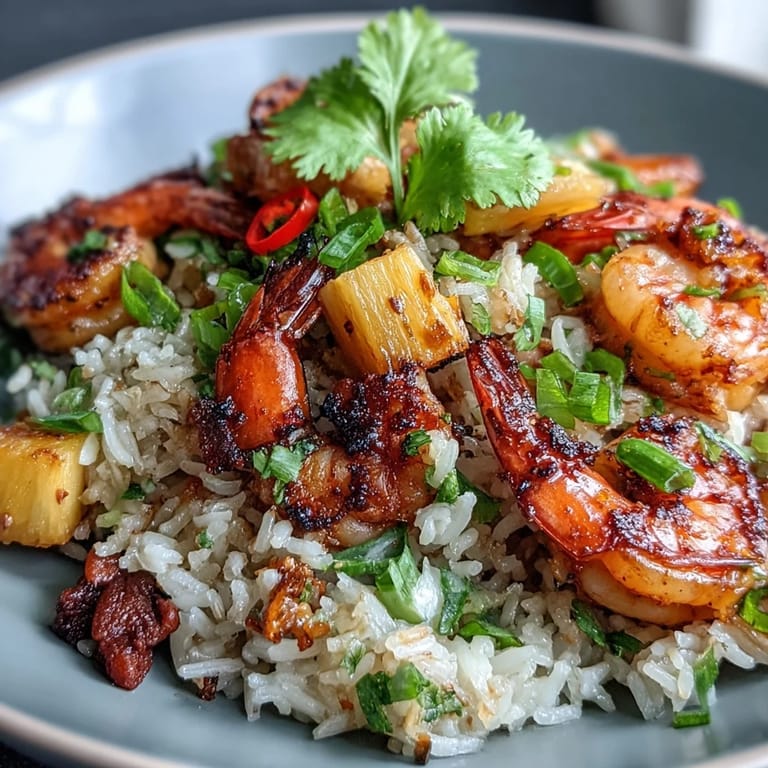 Golden pineapple fried rice with tender shrimp, crunchy cashews, and sweet pineapple, beautifully presented in a carved pineapple boat for an impressive main dish.