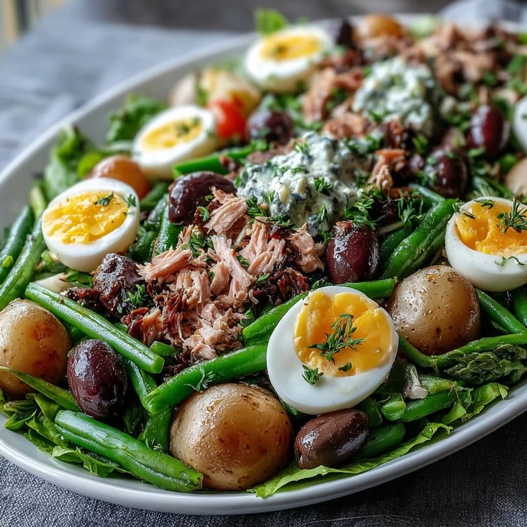 Fresh Spring Niçoise Salad piled high with tender potatoes, crisp beans, and flaky tuna.
