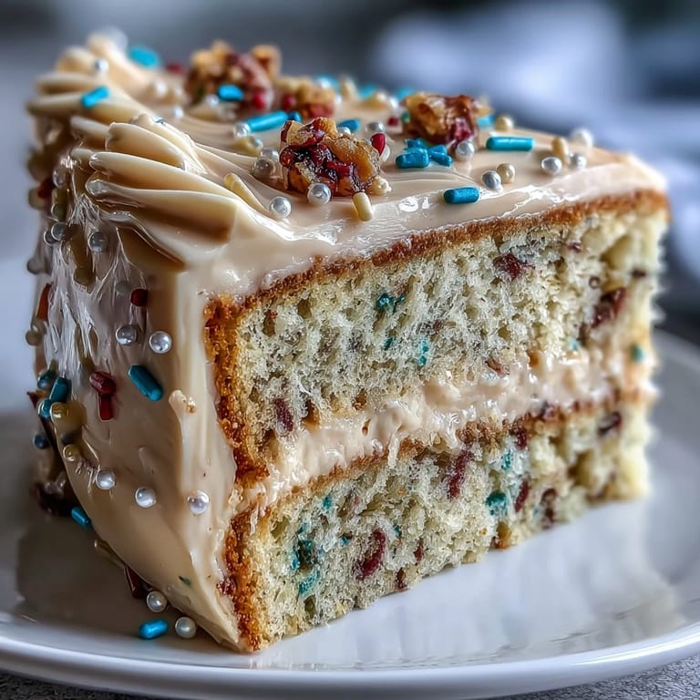 Decadent Class of 2026 Confetti Cake, generously frosted with champagne buttercream.