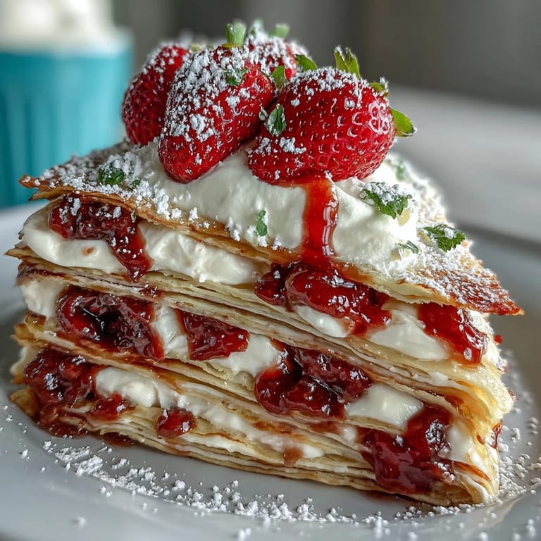 Luscious layers of Mother's Day Crêpe Cake adorned with fresh berries and dusting.