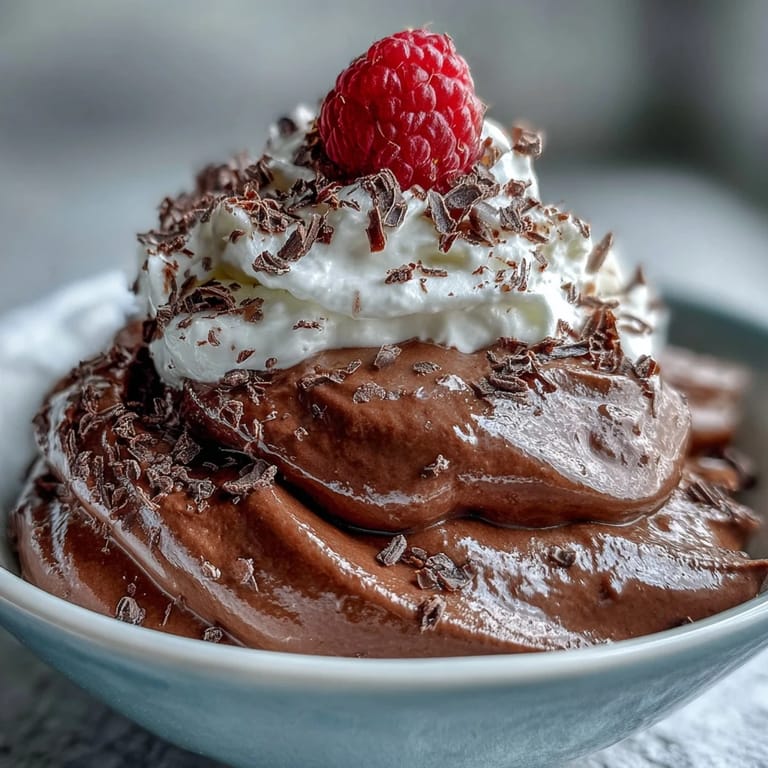 High-protein cottage cheese chocolate mousse, blended smooth for easy indulgence.