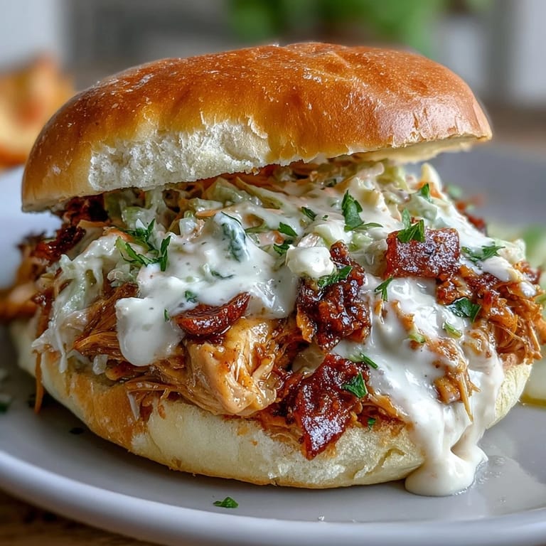 Savory Smoked Pulled Chicken Sandwiches topped with tangy, luscious spoonfuls of white BBQ sauce.