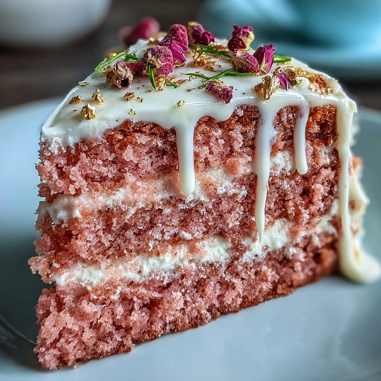 Rosé Velvet Cake with Gold Drip: Delicate blush velvet cake made with rosé wine, topped with silky cream cheese frosting and shimmering gold chocolate drips.  