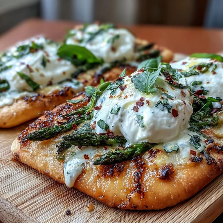 A vibrant flatbread showcasing tender roasted asparagus and melty burrata cheese.