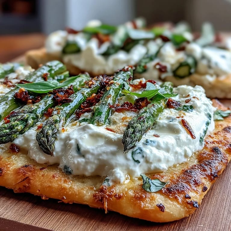 Our gorgeous roasted asparagus flatbread with burrata, ready to serve and enjoy.