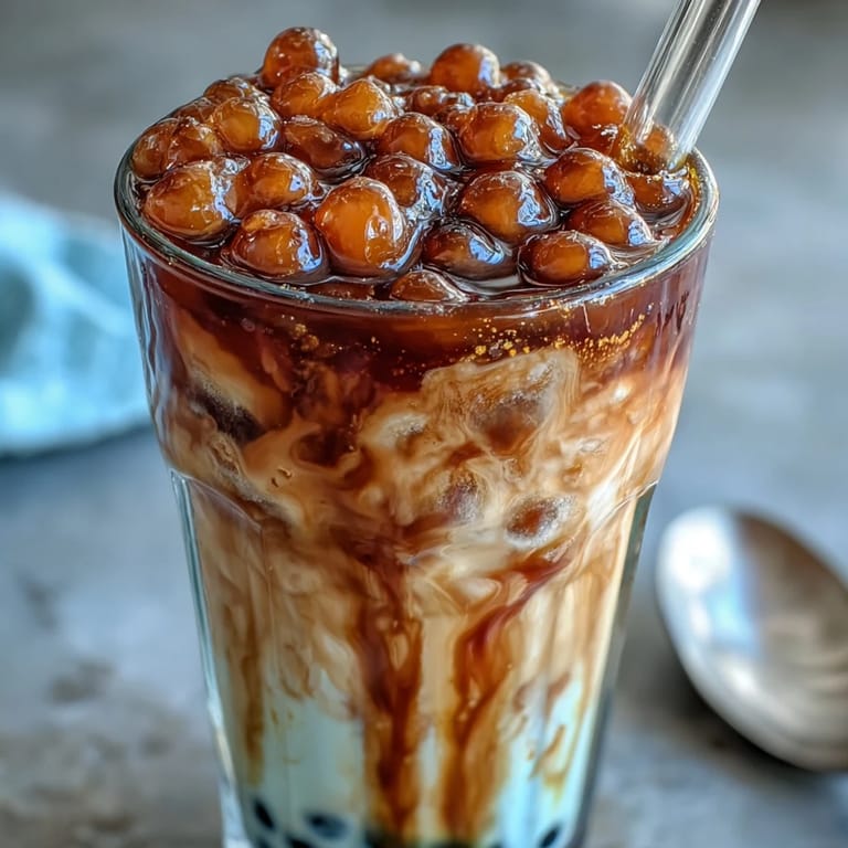 Homemade Brown Sugar Boba Milk Tea featuring rich tea and soft tapioca pearls.