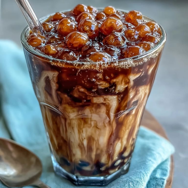 Glass of Brown Sugar Boba Milk Tea, layered with syrup and ice.