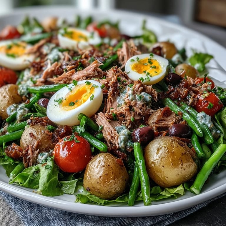 Colorful Spring Niçoise Salad featuring soft-boiled eggs and a zesty vinaigrette, perfect for lunch.
