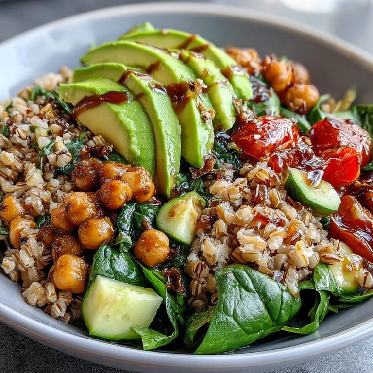 Hearty Ancient Grains Bowl, vibrant with chickpeas, vegetables, and a lemony dressing.