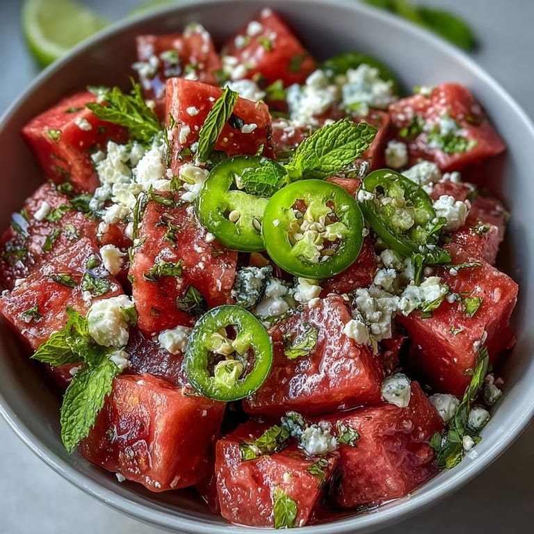 Vibrant and refreshing Fricy Watermelon Chili Lime Salad with mint, perfect for picnics.