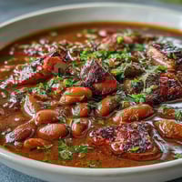 Hearty ham and red bean soup with smoky meat and creamy beans in a savory broth.  