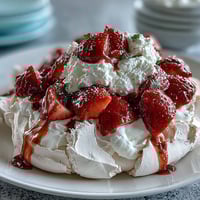 A beautiful strawberry pavlova with a crisp meringue shell, topped with whipped cream and fresh berries, perfect for summer gatherings.