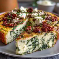 A golden, fluffy frittata with spinach, feta, and sun-dried tomatoes—perfect for brunch or a light dinner.  