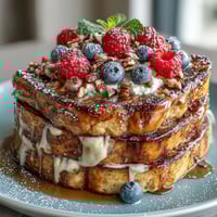 Fluffy pancake casserole with fresh berries and creamy custard, baked to golden perfection for a festive Mothers Day brunch.